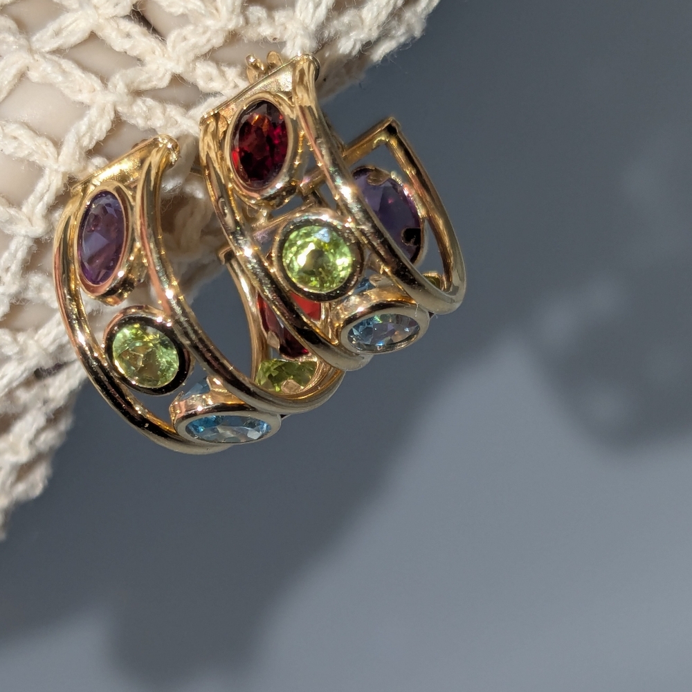 Sold ♥️14k Yellow Gold Amethyst Peridot Blue Topaz Multi-Gemstone Hoop Earrings - Picture 1 of 16